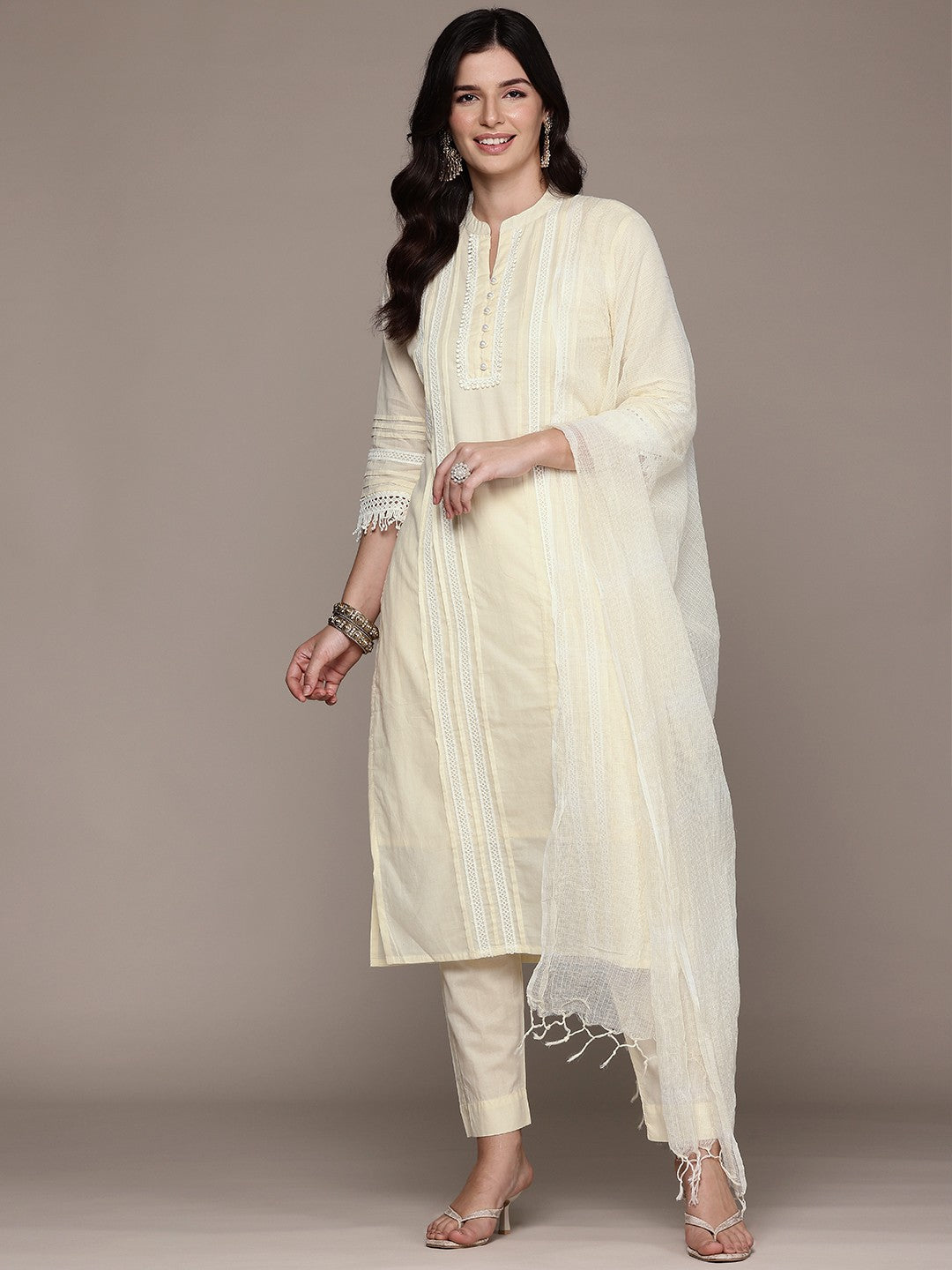 Straight Style Cotton Fabric Cream Color Kurta With Bottom And Dupatta