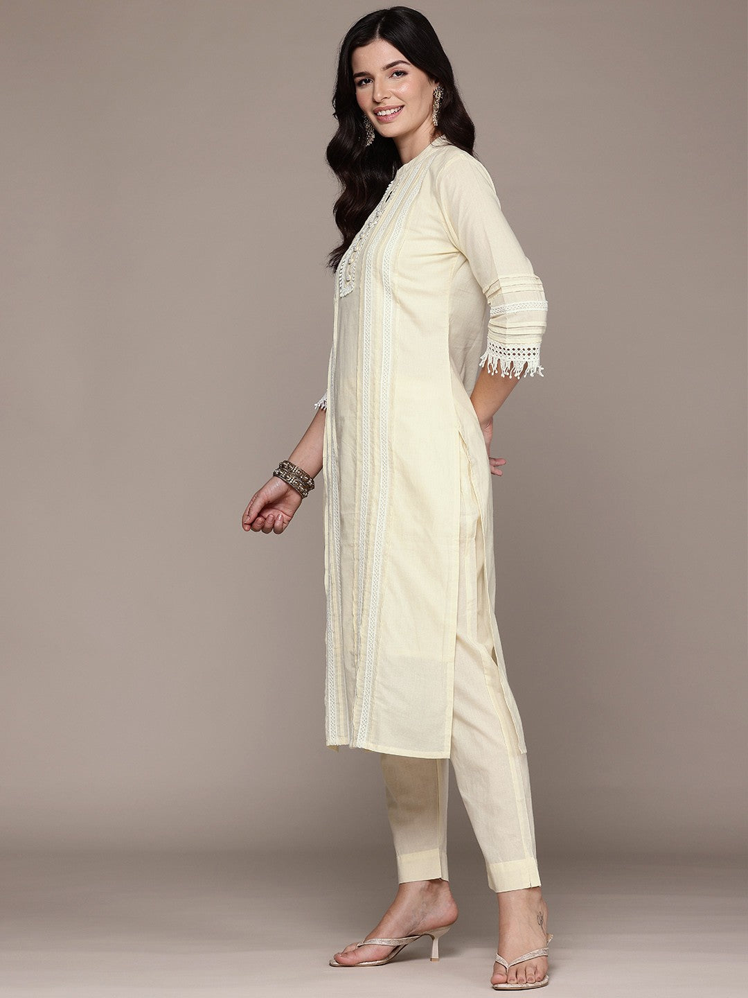 Straight Style Cotton Fabric Cream Color Kurta With Bottom And Dupatta