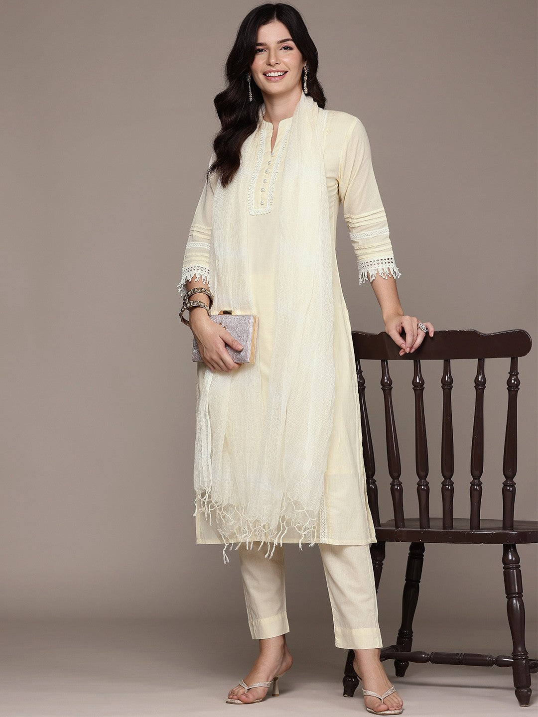 Straight Style Cotton Fabric Cream Color Kurta With Bottom And Dupatta