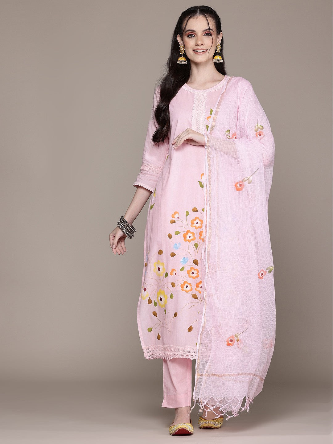 Straight Style Cotton Fabric Pink Color Kurta With Bottom And Dupatta