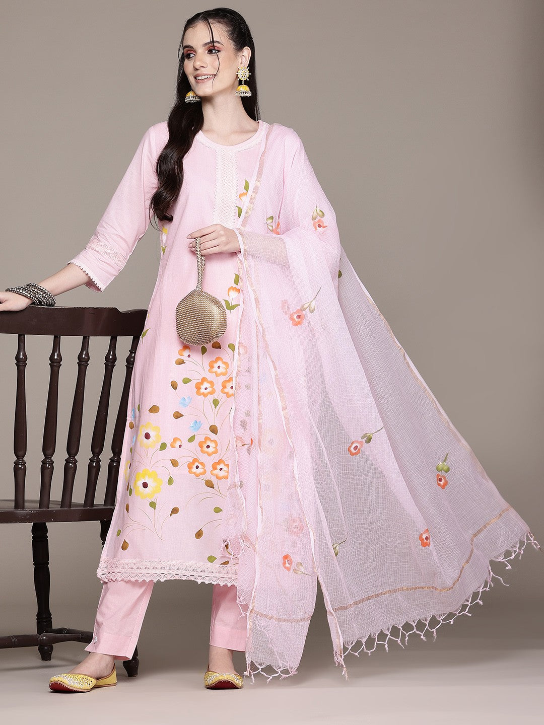 Straight Style Cotton Fabric Pink Color Kurta With Bottom And Dupatta