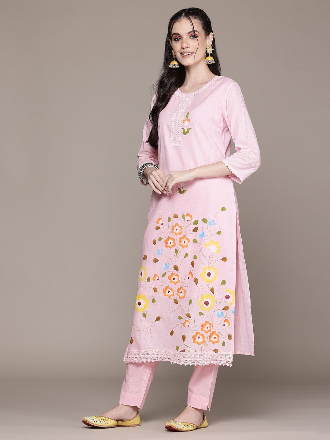 Straight Style Cotton Fabric Pink Color Kurta With Bottom And Dupatta