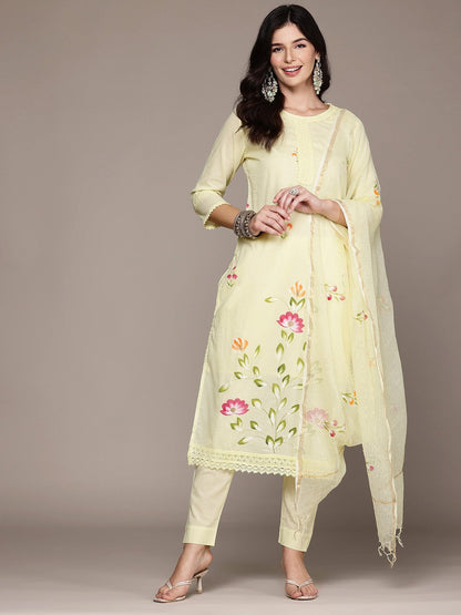 Straight Style Cotton Fabric Yellow Color Kurta With Bottom And Dupatta