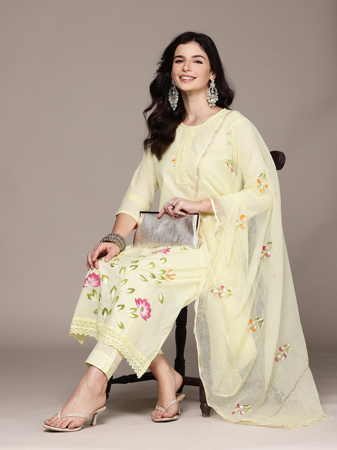 Straight Style Cotton Fabric Yellow Color Kurta With Bottom And Dupatta