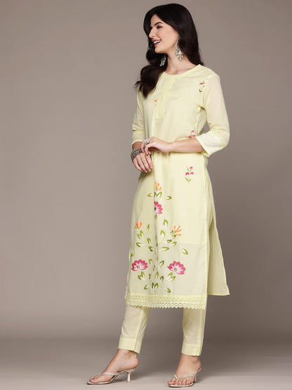 Straight Style Cotton Fabric Yellow Color Kurta With Bottom And Dupatta