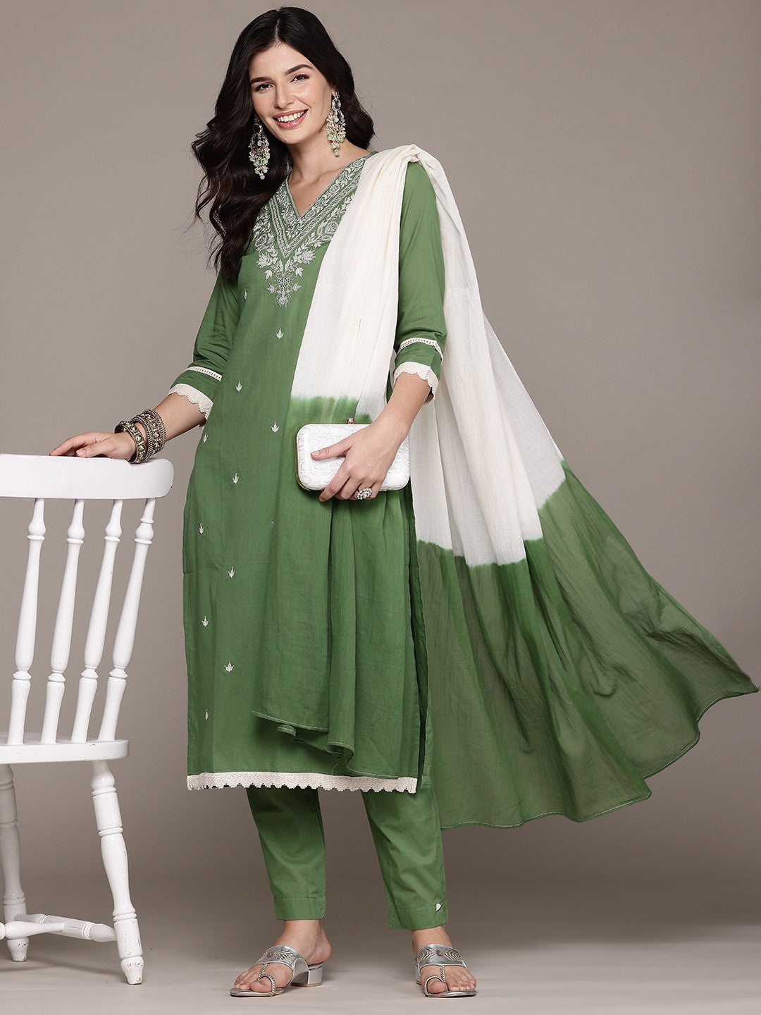 Straight Style Cotton Fabric Green Color Kurta And Bottom With Dupatta