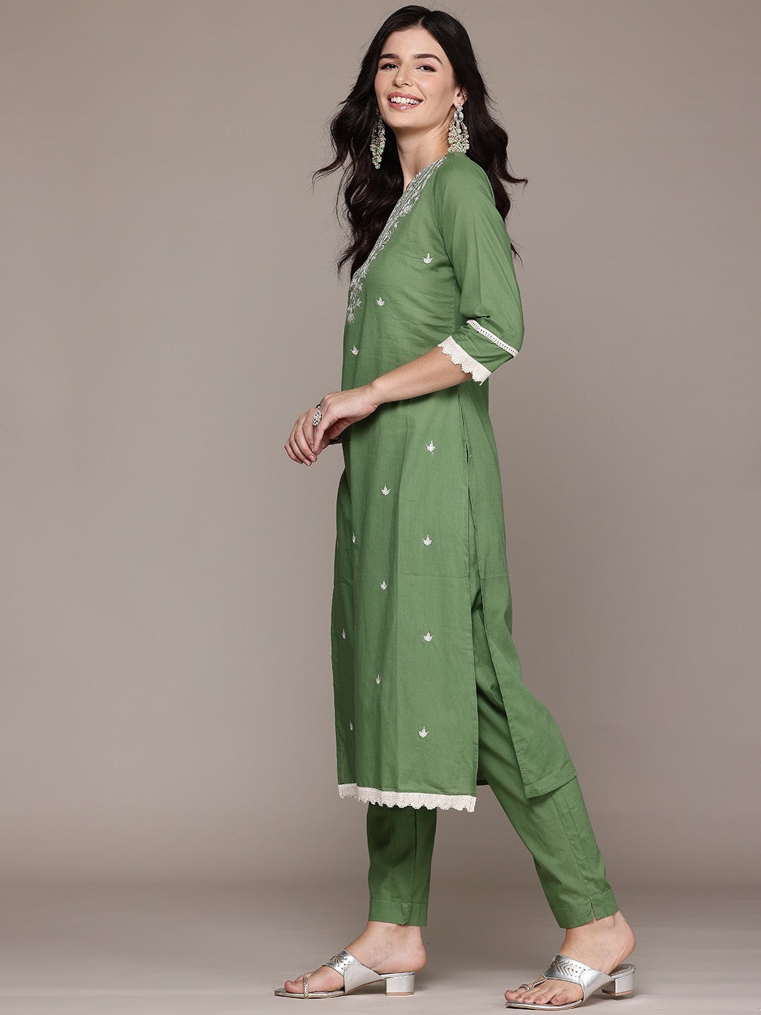 Straight Style Cotton Fabric Green Color Kurta And Bottom With Dupatta