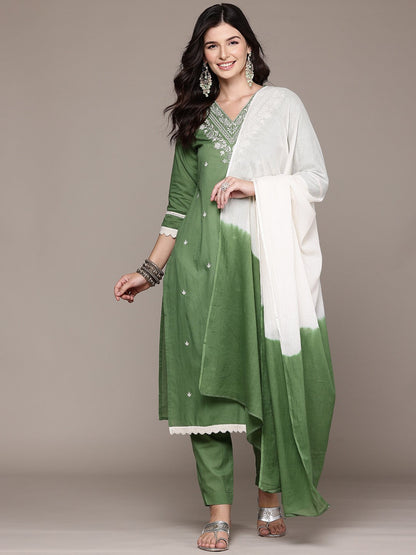 Straight Style Cotton Fabric Green Color Kurta And Bottom With Dupatta