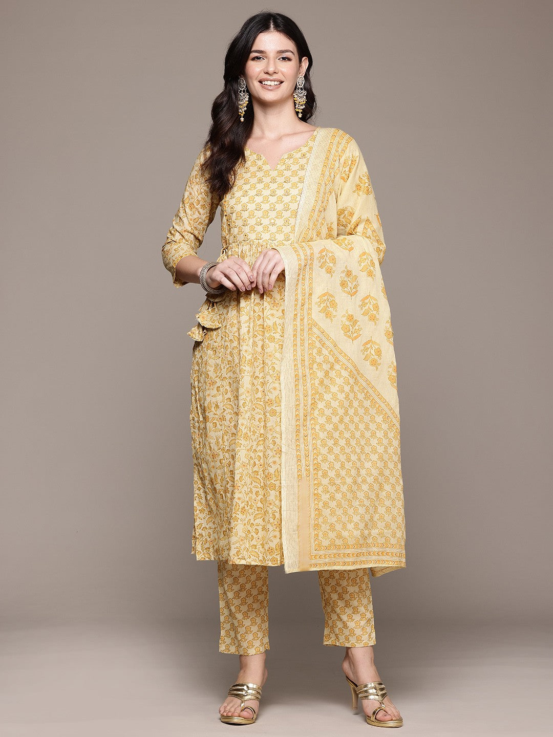 A Line Style Cotton Fabric Beige Color Kurta And Bottom With Dupatta