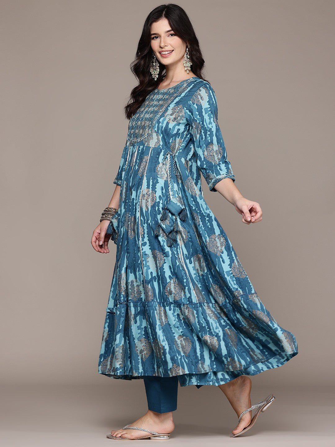 Anarkali Style Rayon Fabric Blue Color Kurta And Bottom With Dupatta