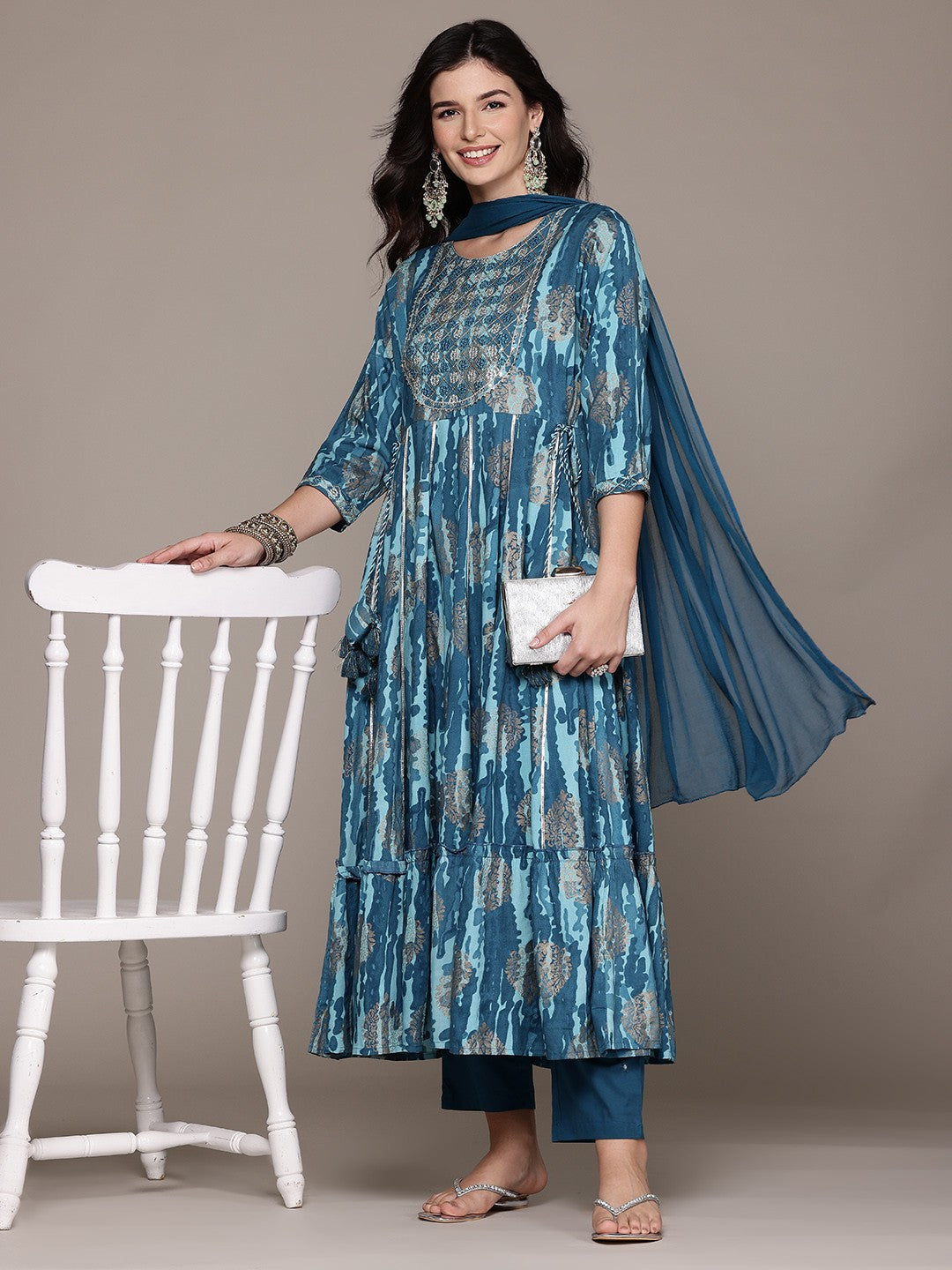 Anarkali Style Rayon Fabric Blue Color Kurta And Bottom With Dupatta