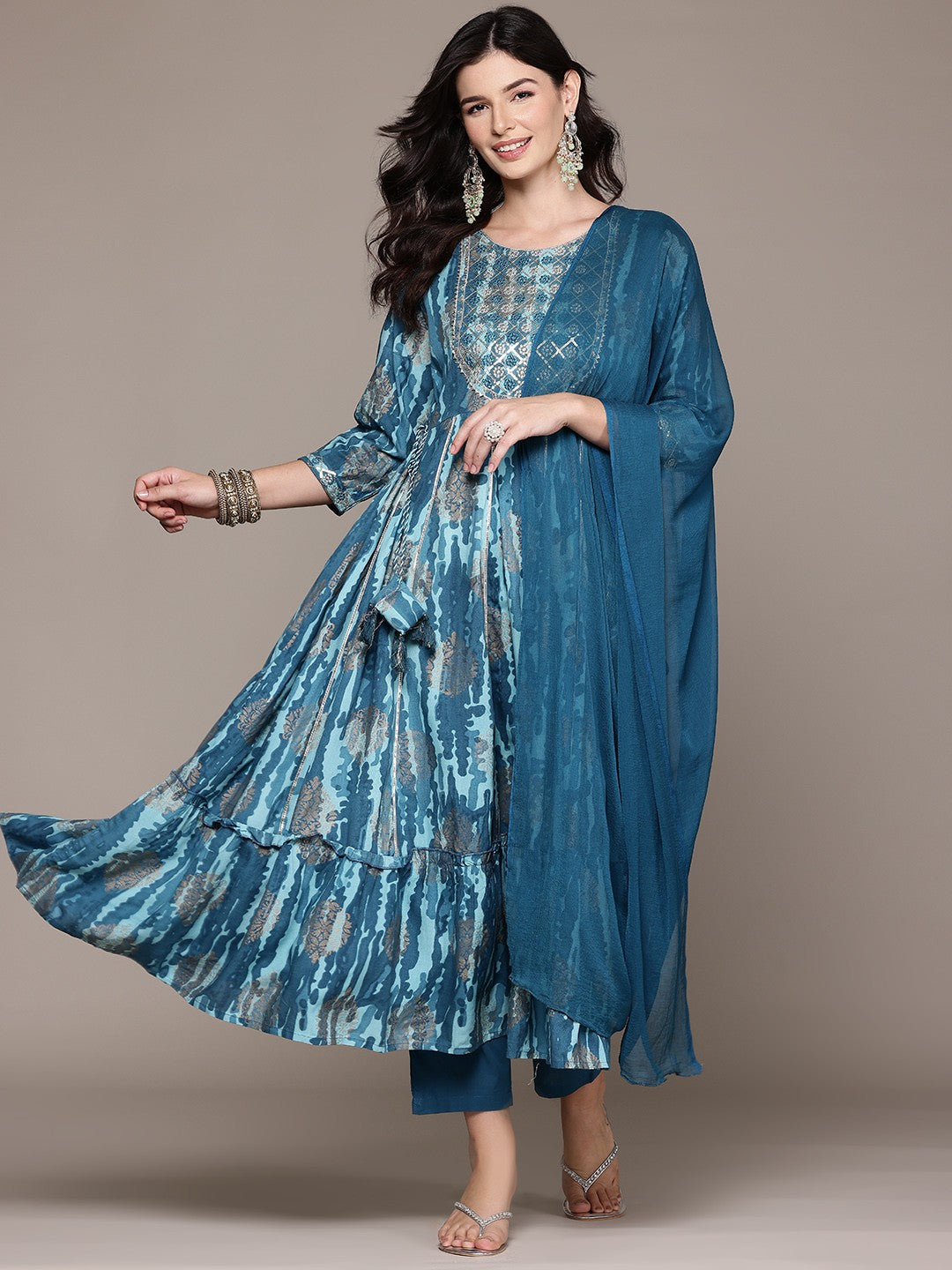 Anarkali Style Rayon Fabric Blue Color Kurta And Bottom With Dupatta