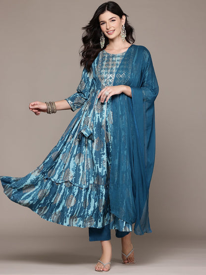 Anarkali Style Rayon Fabric Blue Color Kurta And Bottom With Dupatta