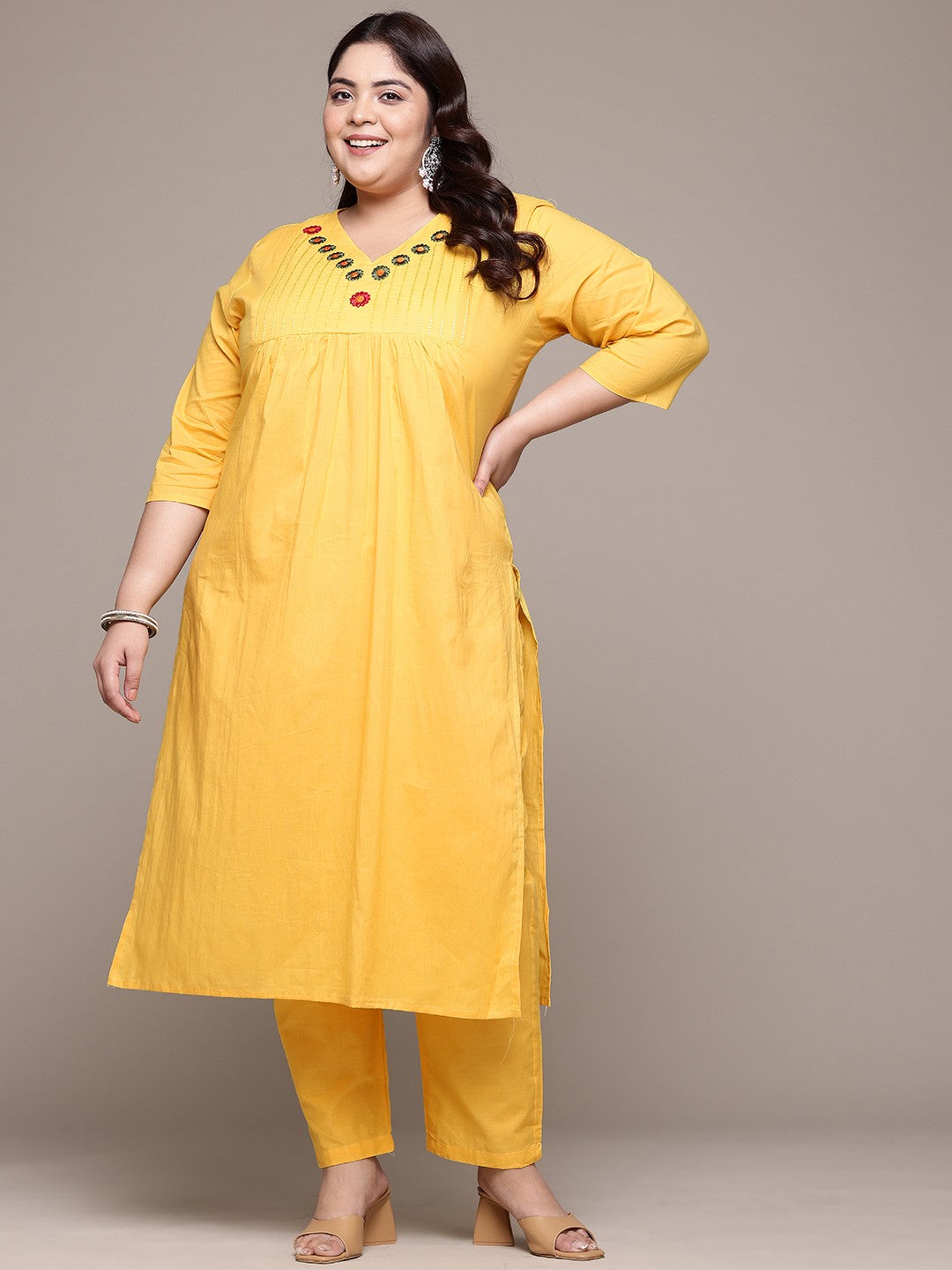 Straight Style Cotton Fabric Yellow Color Kurta With Bottom