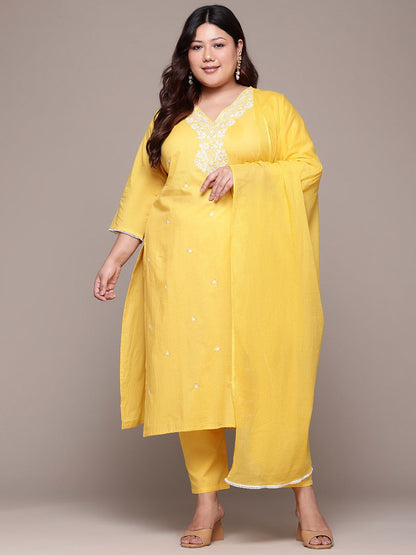 Straight Style Cotton Fabric Yellow Color Kurta With Bottom And Dupatta