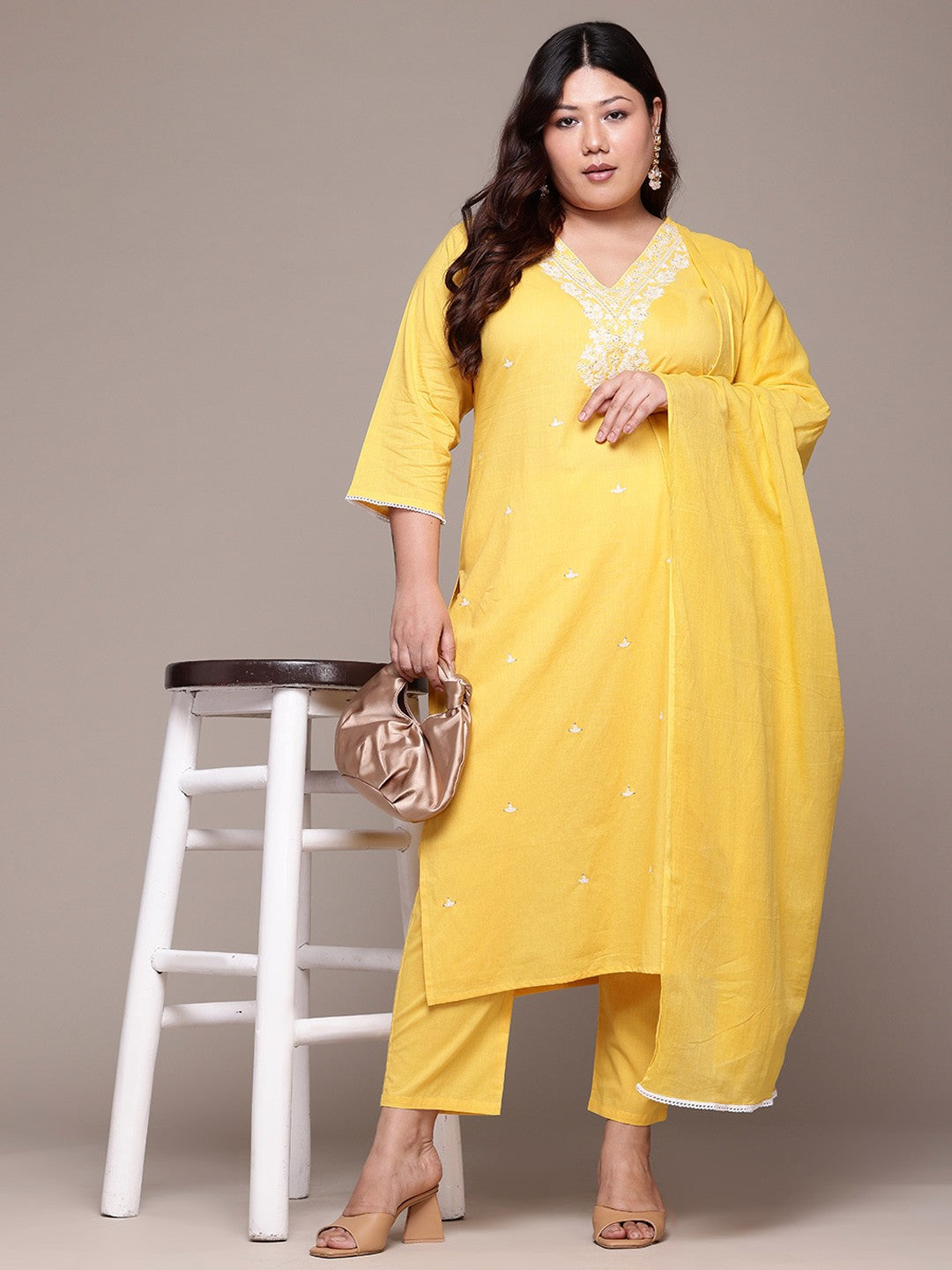 Straight Style Cotton Fabric Yellow Color Kurta With Bottom And Dupatta