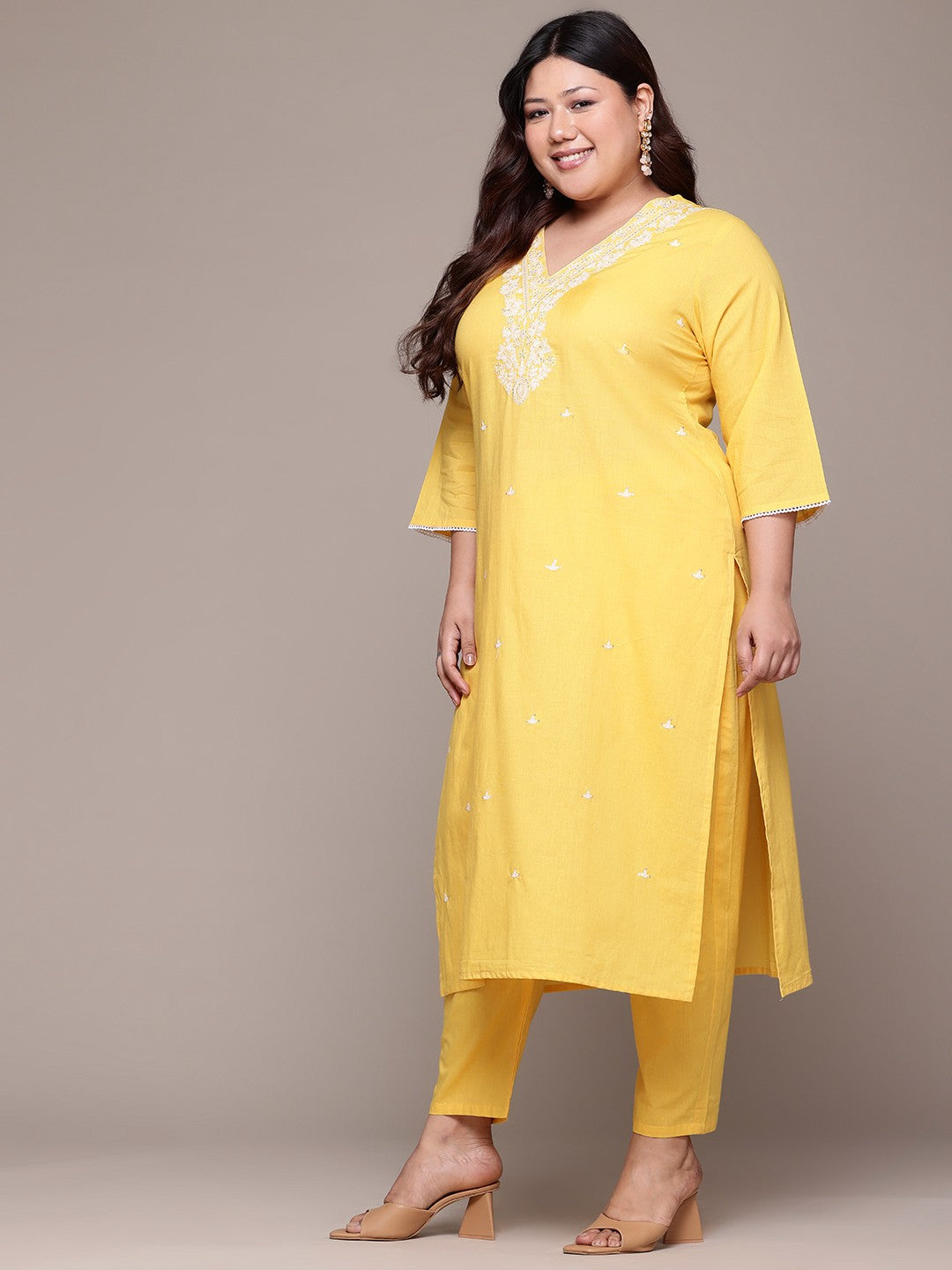 Straight Style Cotton Fabric Yellow Color Kurta With Bottom And Dupatta