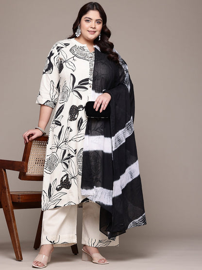 A Line Style Cotton Fabric Black Color Kurta With Bottom And Dupatta