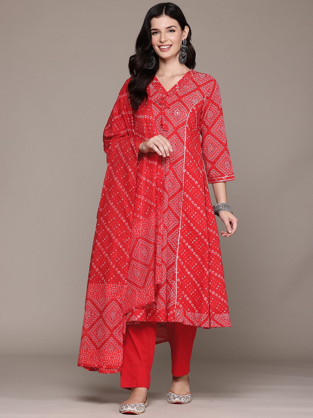 A Line Style Cotton Fabric Red Color Kurta And Bottom With Dupatta