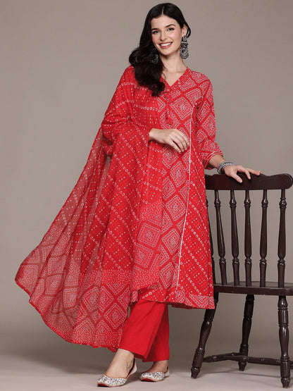 A Line Style Cotton Fabric Red Color Kurta And Bottom With Dupatta