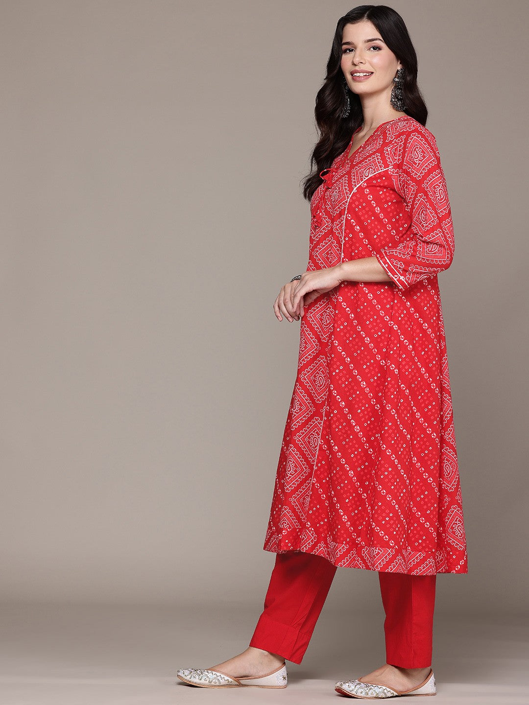 A Line Style Cotton Fabric Red Color Kurta And Bottom With Dupatta