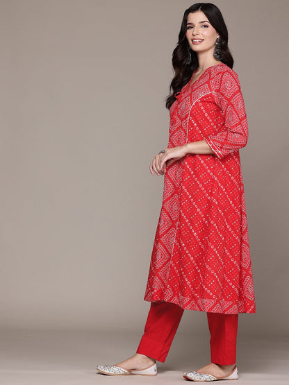 A Line Style Cotton Fabric Red Color Kurta And Bottom With Dupatta