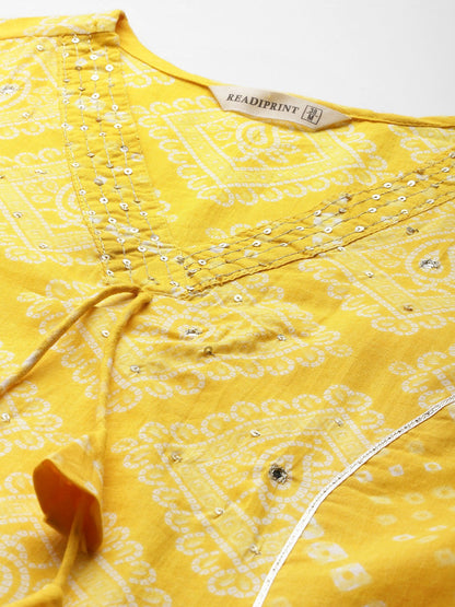 A Line Style Cotton Fabric Yellow Color Kurta And Bottom With Dupatta