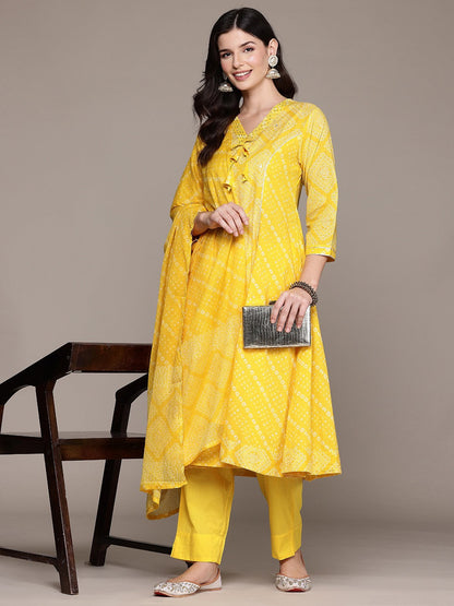 A Line Style Cotton Fabric Yellow Color Kurta And Bottom With Dupatta