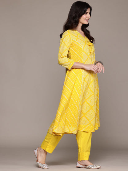 A Line Style Cotton Fabric Yellow Color Kurta And Bottom With Dupatta