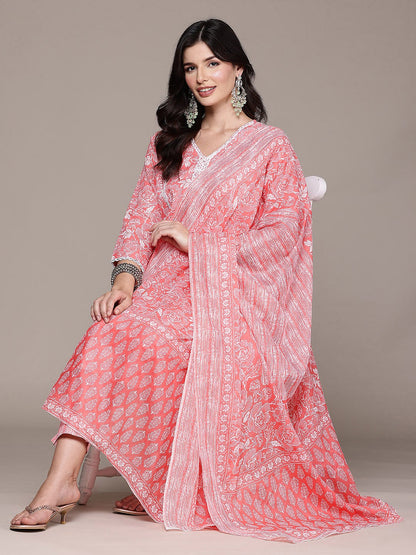 Straight Style Cotton Fabric Peach Color Kurta And Bottom With Dupatta