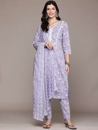 Straight Style Cotton Fabric Lavender Color Kurta And Bottom With Dupatta