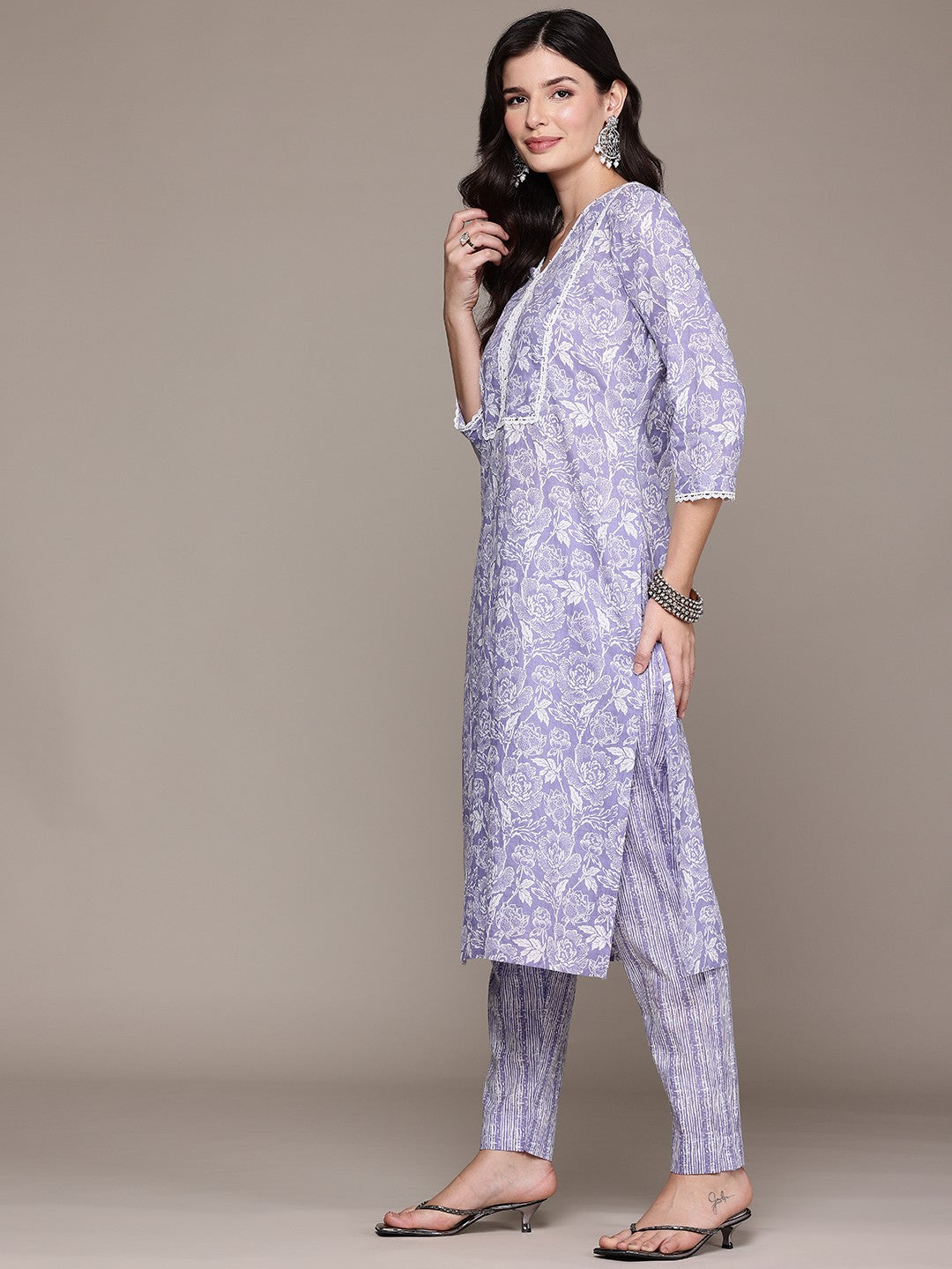 Straight Style Cotton Fabric Lavender Color Kurta And Bottom With Dupatta