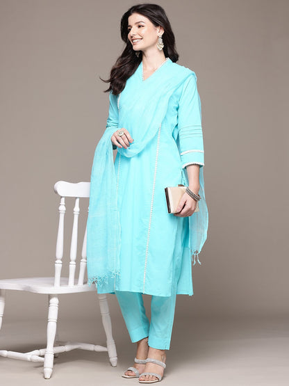 Straight Style Cotton Fabric Blue Color Kurta And Bottom With Dupatta