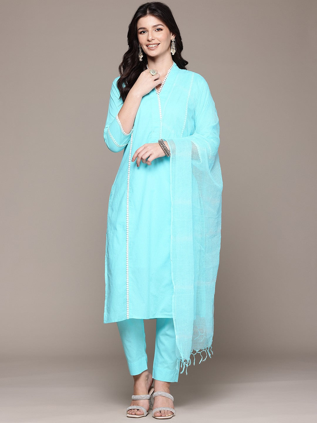 Straight Style Cotton Fabric Blue Color Kurta And Bottom With Dupatta