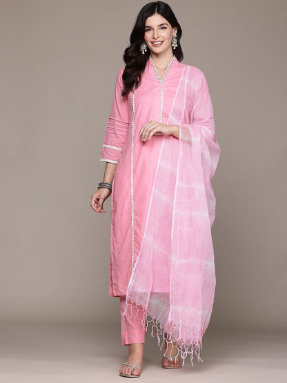 Straight Style Cotton Fabric Pink Color Kurta And Bottom With Dupatta