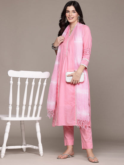 Straight Style Cotton Fabric Pink Color Kurta And Bottom With Dupatta