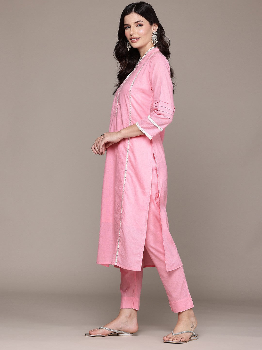 Straight Style Cotton Fabric Pink Color Kurta And Bottom With Dupatta