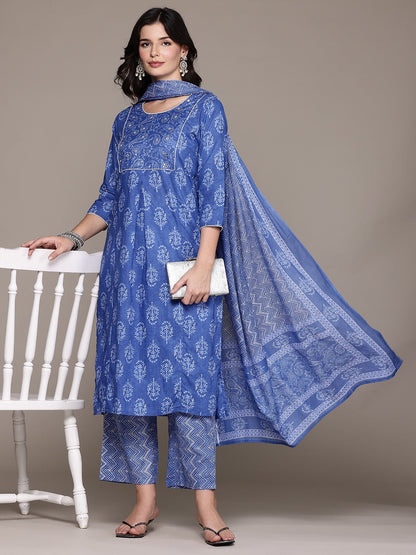 Straight Style Cotton Fabric Blue Color Kurta And Bottom With Dupatta