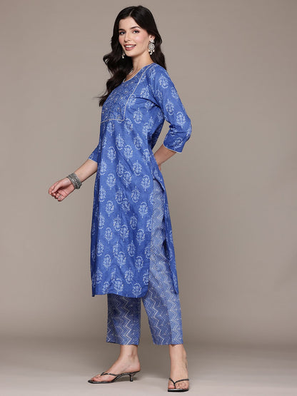 Straight Style Cotton Fabric Blue Color Kurta And Bottom With Dupatta