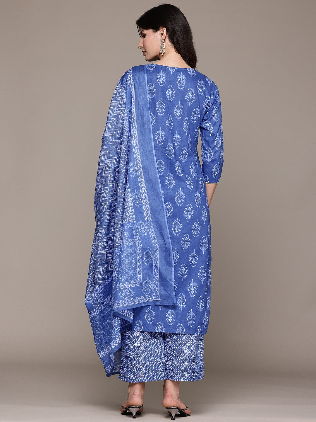 Straight Style Cotton Fabric Blue Color Kurta And Bottom With Dupatta