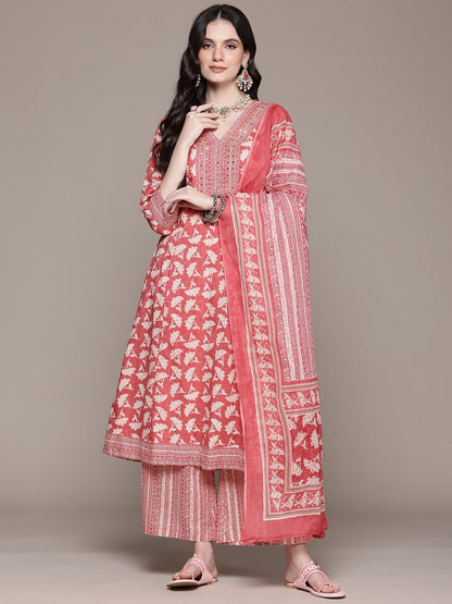 A Line Style Cotton Fabric Pink Color Kurta And Bottom With Dupatta