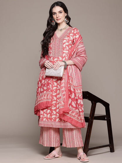 A Line Style Cotton Fabric Pink Color Kurta And Bottom With Dupatta