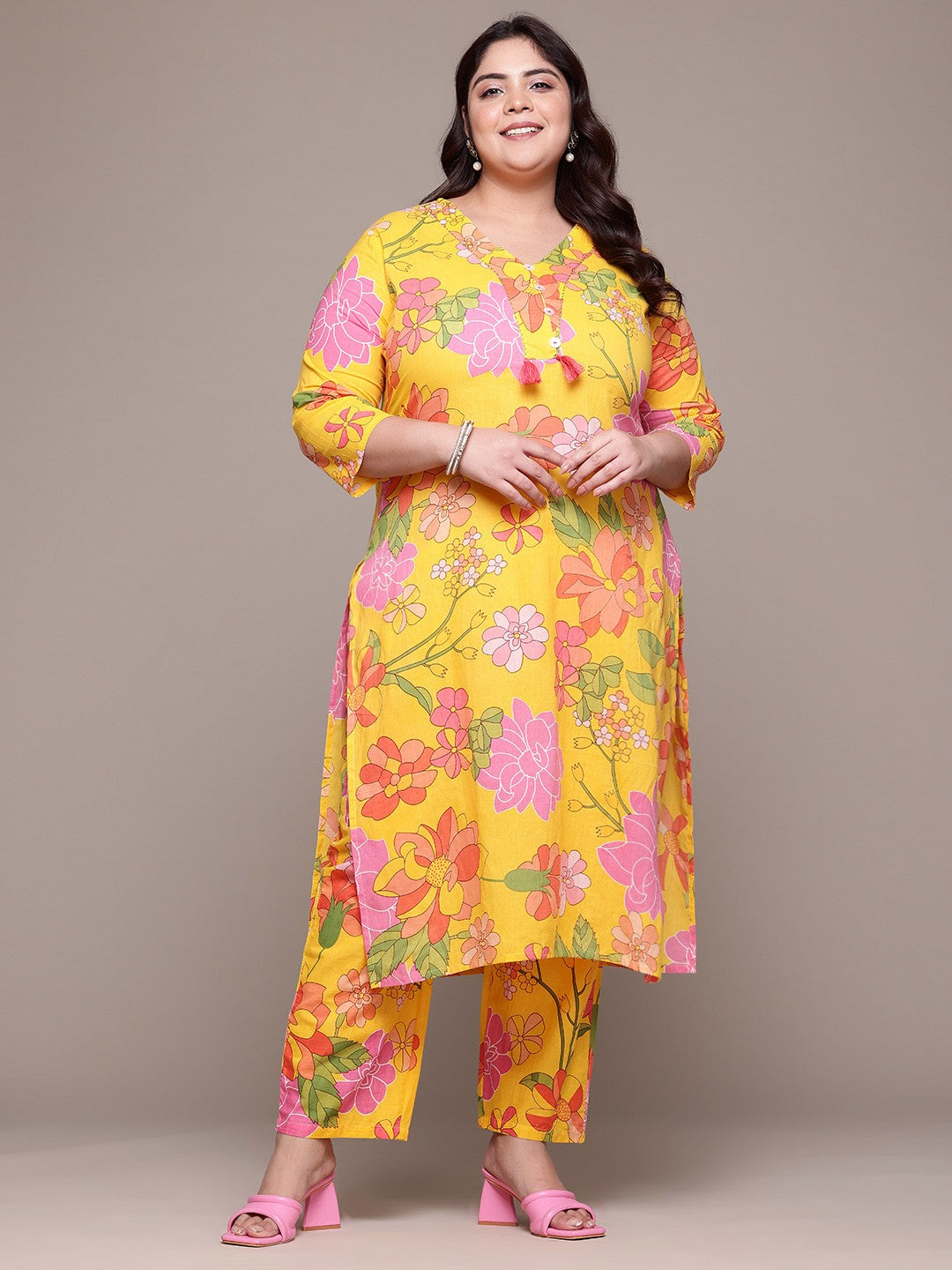 Straight Style Cotton Fabric Yellow Color Kurta With Bottom