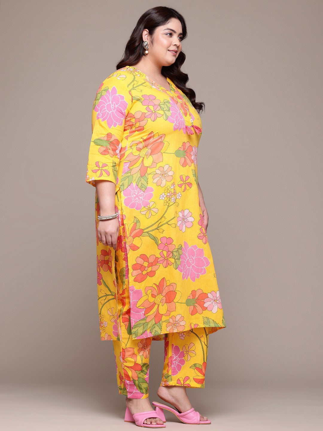 Straight Style Cotton Fabric Yellow Color Kurta With Bottom