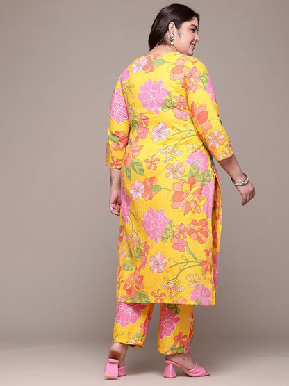 Straight Style Cotton Fabric Yellow Color Kurta With Bottom