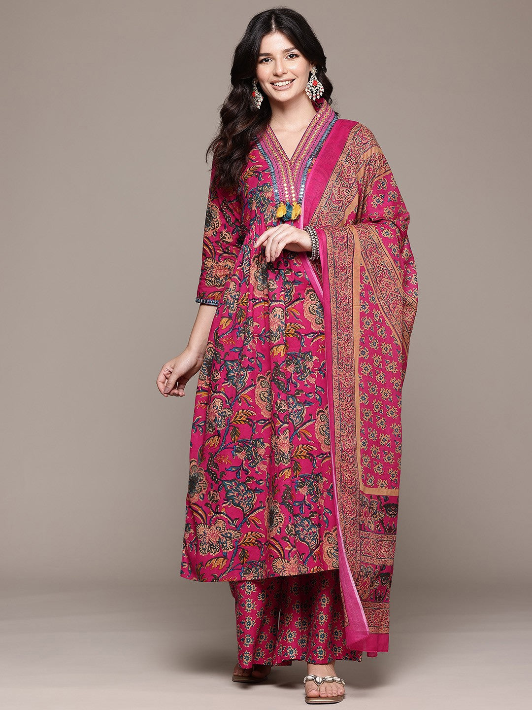 Frock Style Cotton Fabric Magenta Color Kurta And Bottom With Dupatta