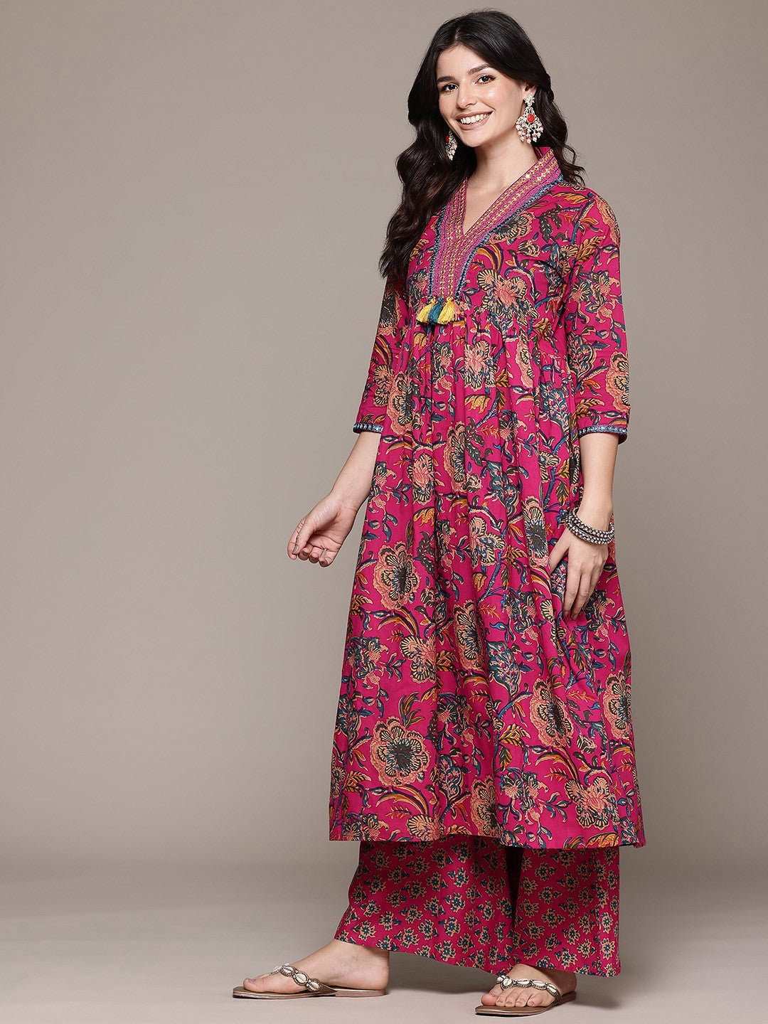 Frock Style Cotton Fabric Magenta Color Kurta And Bottom With Dupatta