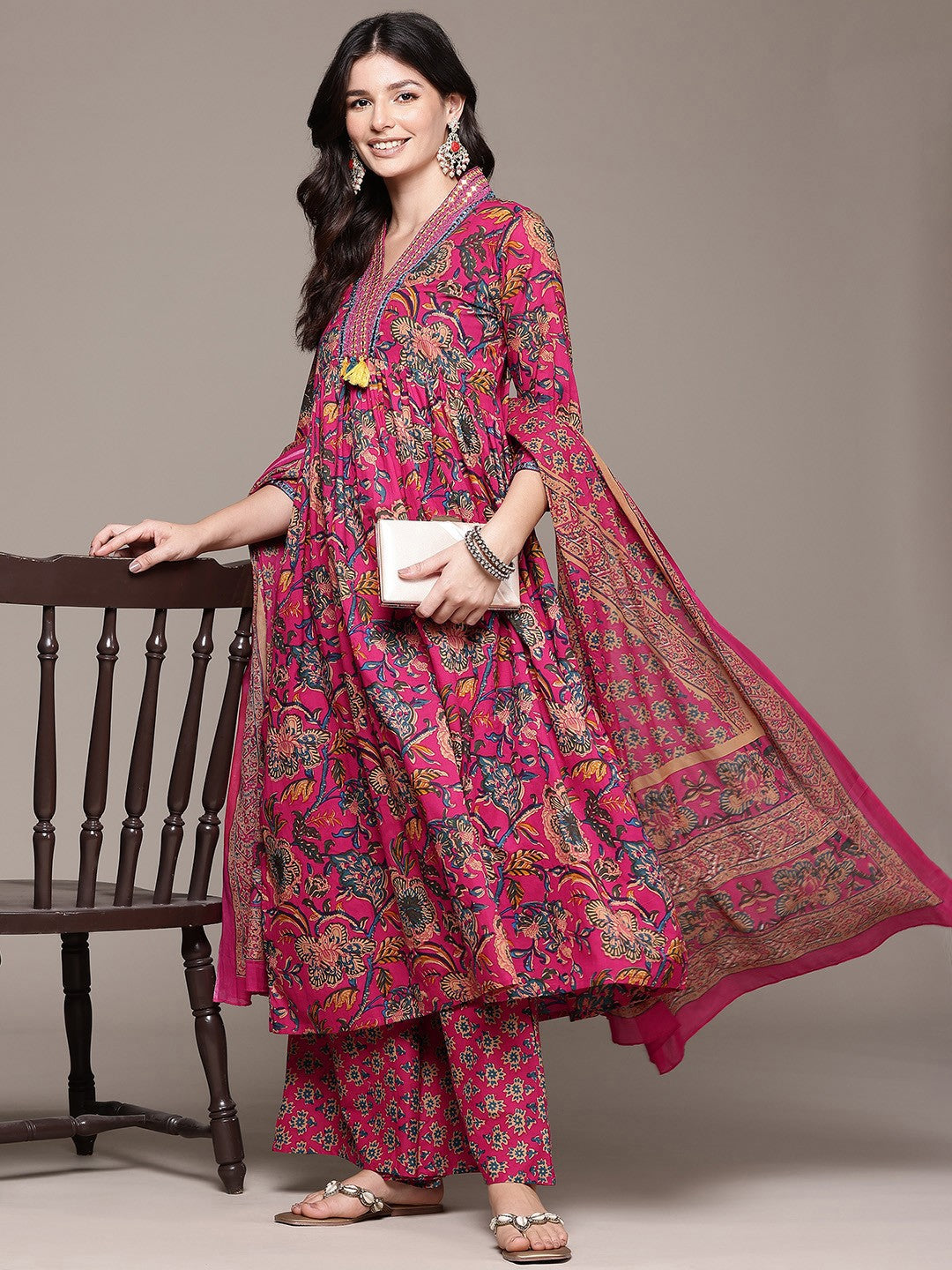 Frock Style Cotton Fabric Magenta Color Kurta And Bottom With Dupatta