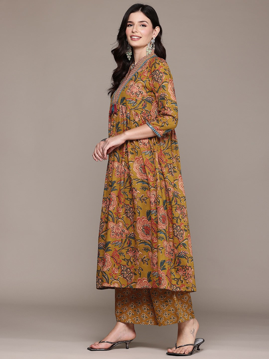 Frock Style Cotton Fabric Mustard Color Kurta And Bottom With Dupatta