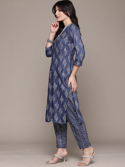 Straight Style Cotton Fabric Blue Color Kurta And Bottom With Dupatta